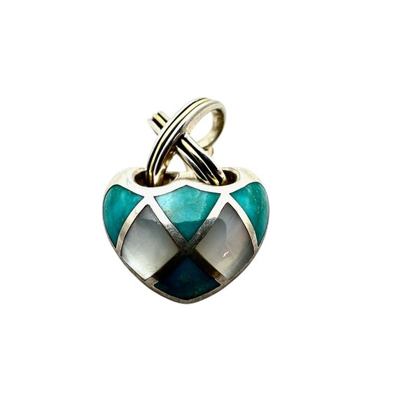 Eric Grossbardt 18K Gold Sterling Silver Pearl Turquoise Heart Pendant - Picture 2 of 4